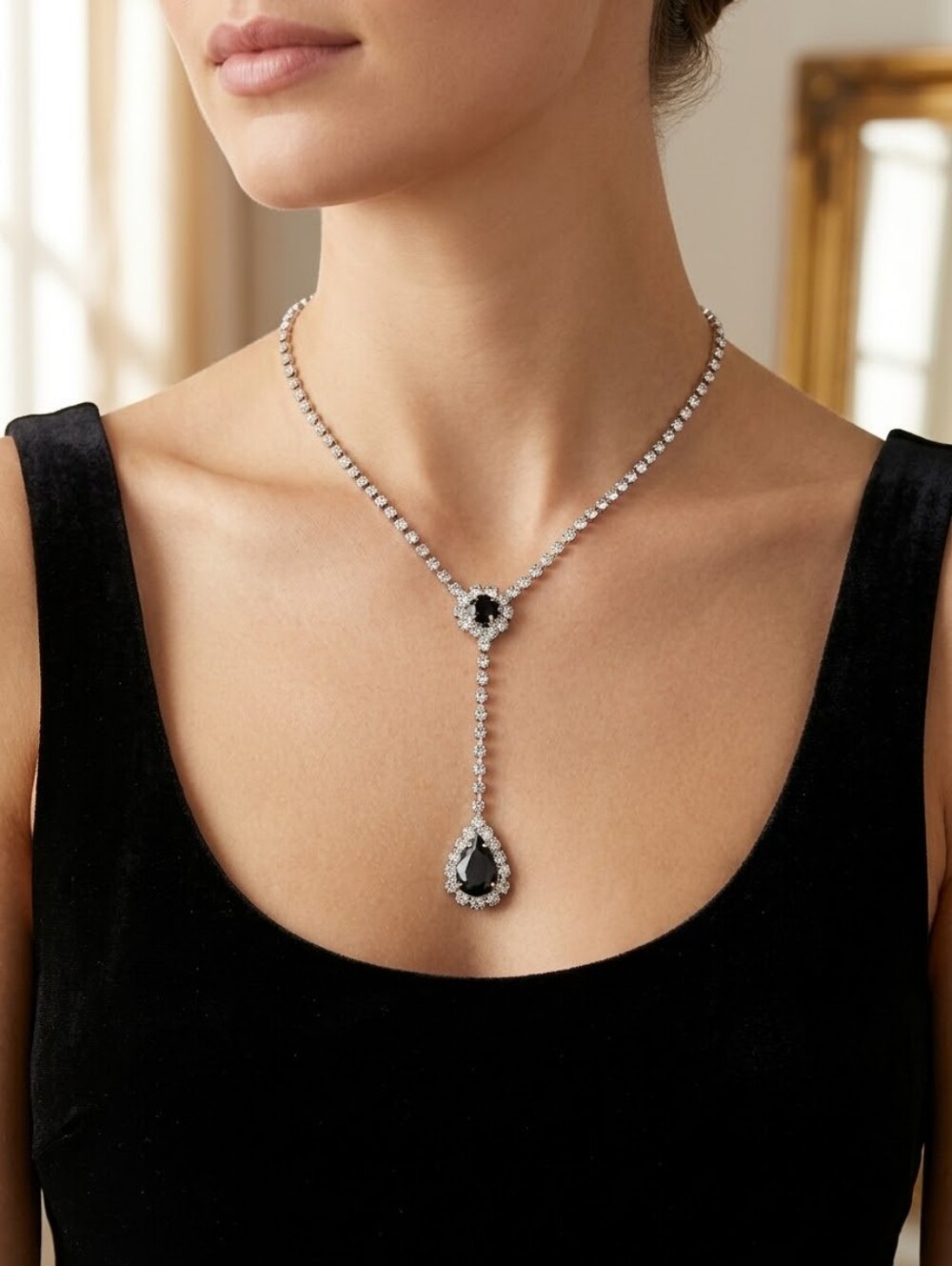 ​Black Teardrop Crystal Y-Necklace Silver Rhinestone Lariat